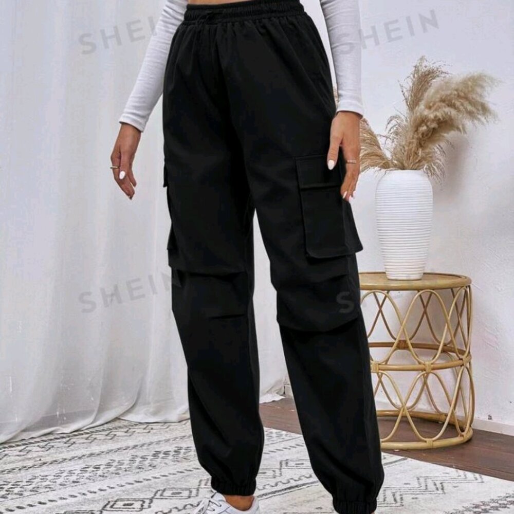 Shein Large Relaxed Fit Black Cargo Pants With Drawstring Waist